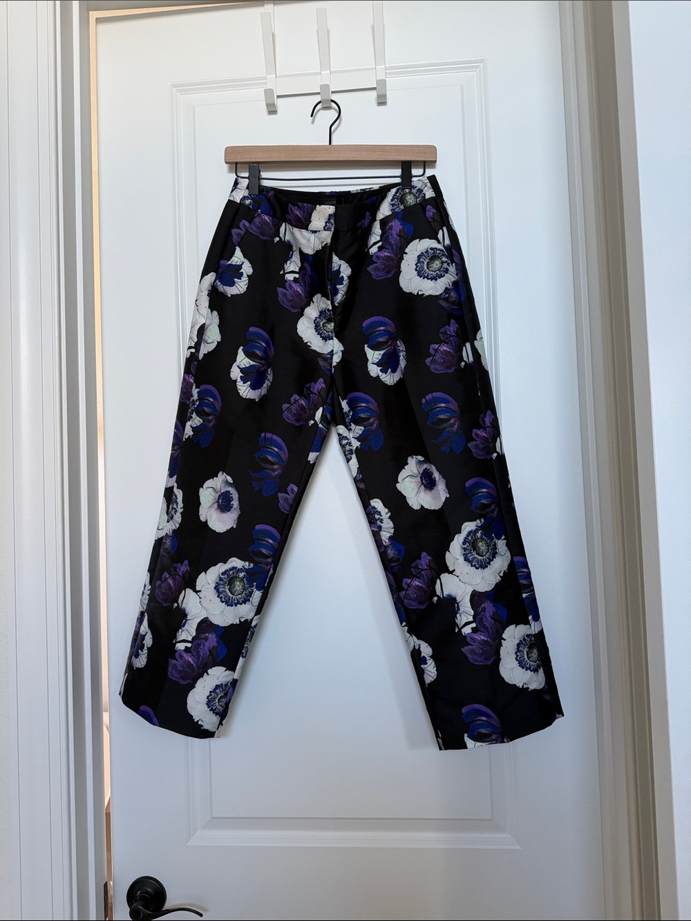 J. Crew Black Ankle Pants with White & Purple Floral Print